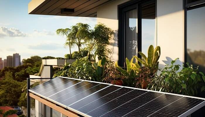 Ein Balkon, ausgerüstet mit Solarmodulen